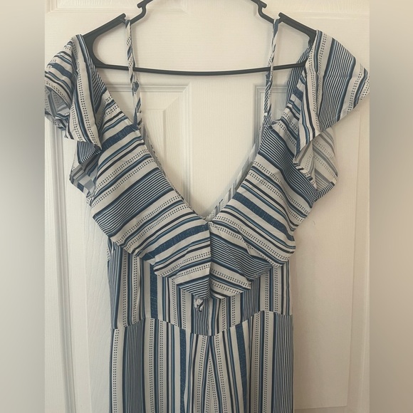 Flying Tomato women’s size M blue/white ruffle off the shoulder jumpsuit - Picture 2 of 6